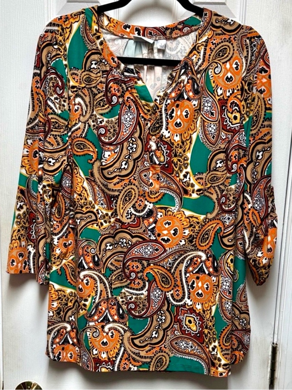 Boho Copper Teal Paisley Knit 3/4 Sleeve Blouse - L XL XXL saturated colorful